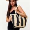 Mairo Lifestyle Straw Wicker Handmade Boho Summer Beach Tote Bag (Boat Black Stripe)