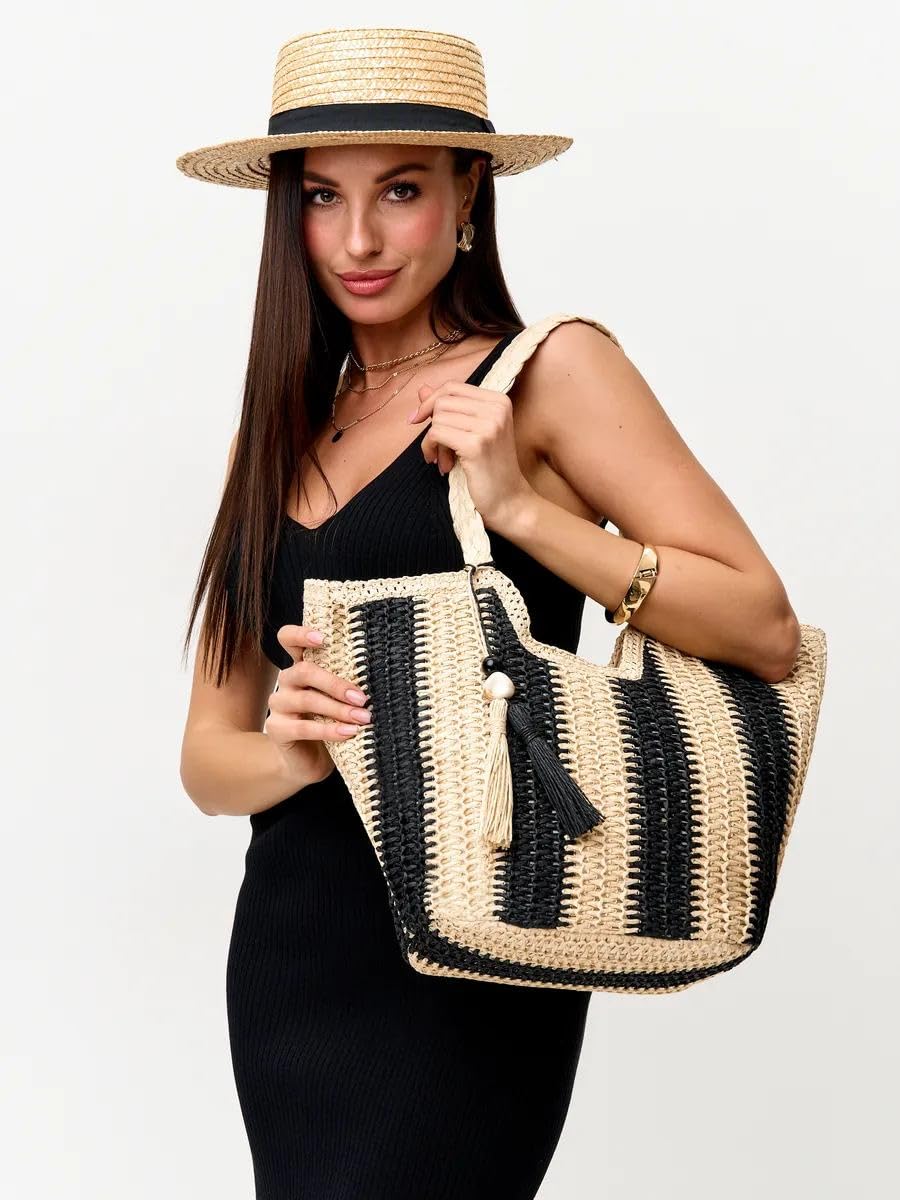 Mairo Lifestyle Straw Wicker Handmade Boho Summer Beach Tote Bag (Boat Black Stripe)