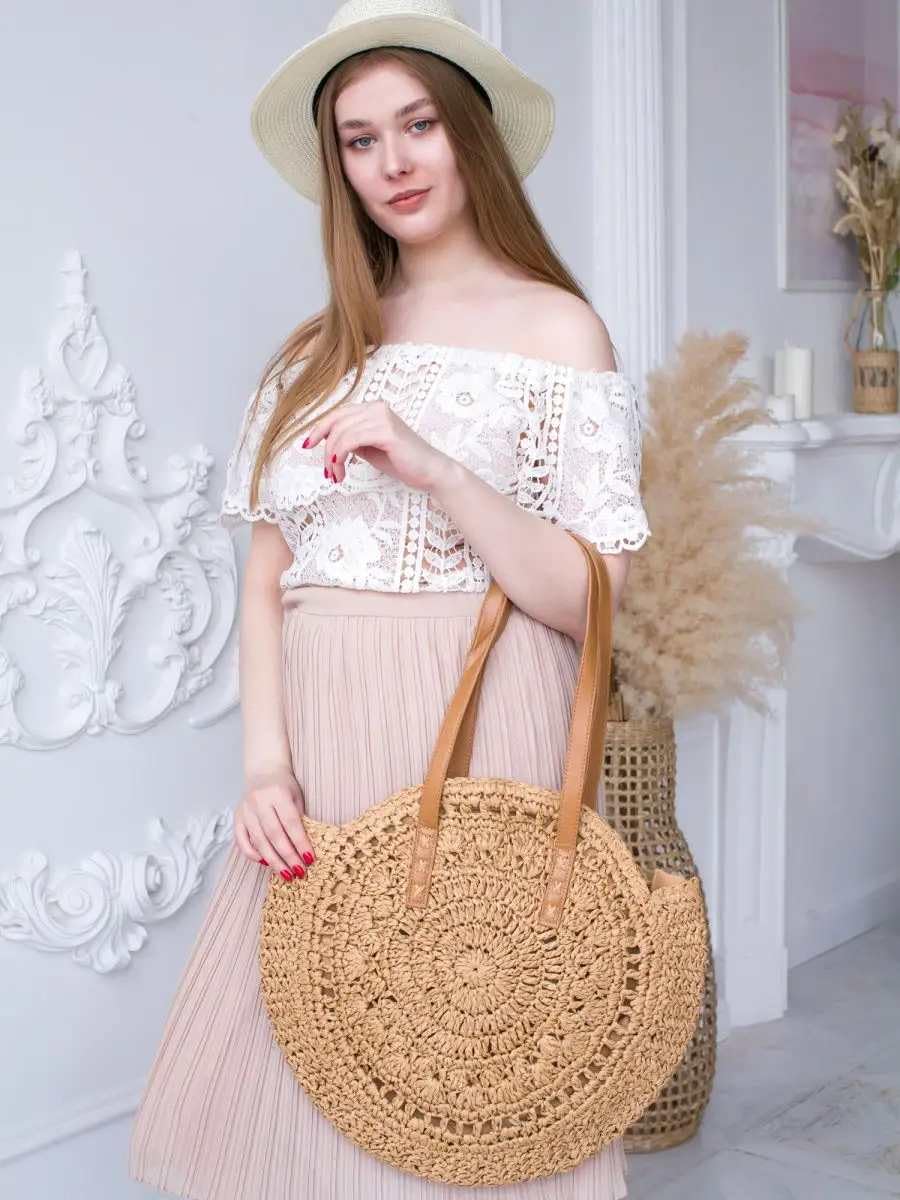 61DKNAD0hHL.jpg Mairo Lifestyle Straw Wicker Handmade Boho Summer Beach Round Shoulder Bag (Brown - Flower)