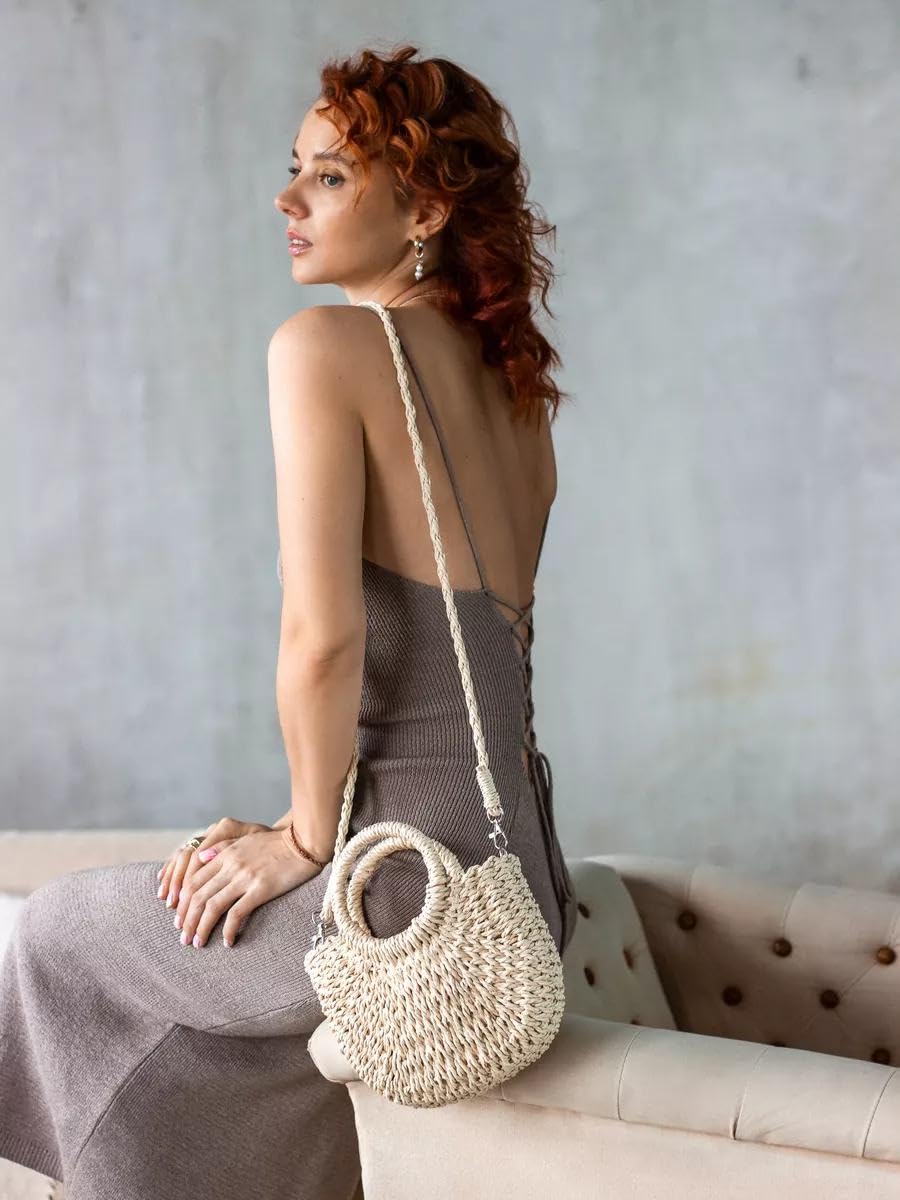 Mairo Lifestyle Straw Wicker Handmade Boho Summer Beach Tote Moon Bag (Beige Small)