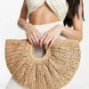 61GESJMBGJL.jpg Mairo Lifestyle Straw Wicker Handmade Boho Summer Beach Tote Moon Bag (Clutch Beige)