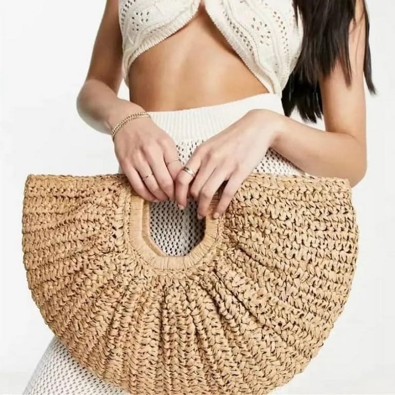 61GESJMBGJL.jpg Mairo Lifestyle Straw Wicker Handmade Boho Summer Beach Tote Moon Bag (Clutch Beige)