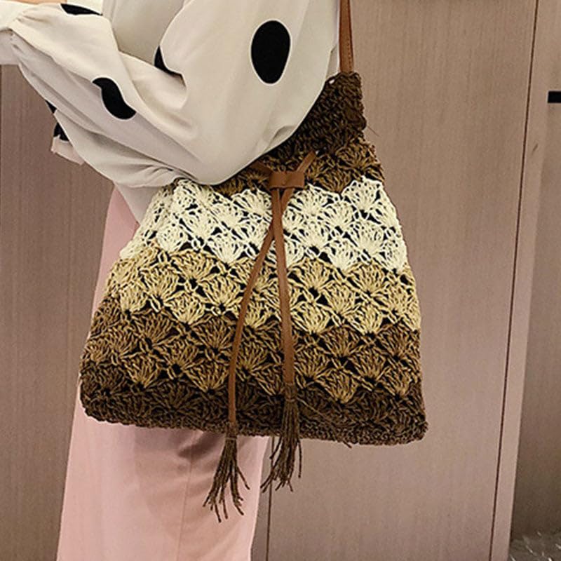 Mairo Lifestyle Straw Wicker Handmade Boho Summer Beach Drawstring Tote Bag (Brown Multi)