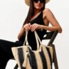 Mairo Lifestyle Straw Wicker Handmade Boho Summer Beach Tote Bag (Boat Black Stripe)
