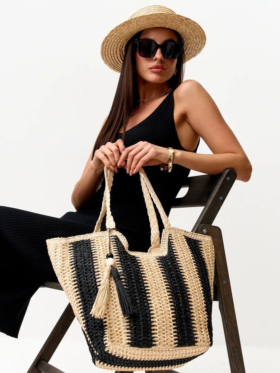 Mairo Lifestyle Straw Wicker Handmade Boho Summer Beach Tote Bag (Boat Black Stripe)