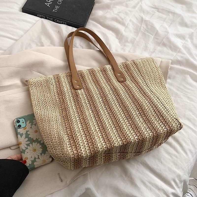 61IDaMyzqL.jpg Mairo Lifestyle Straw Wicker Handmade Boho Summer Beach Tote Bag (Brown Stripe)