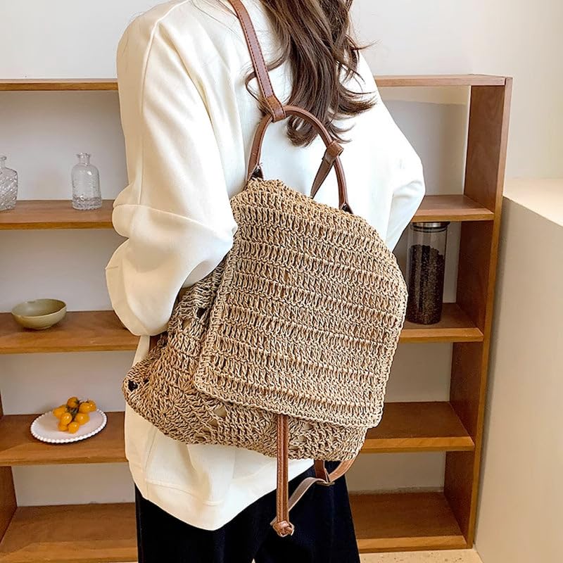 Mairo Lifestyle Straw Wicker Handmade Boho Summer Beach Backpack Bag (Light Brown)