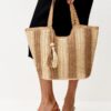 Mairo Lifestyle Straw Wicker Handmade Boho Summer Beach Tote Bag (Boat Brown Stripe)