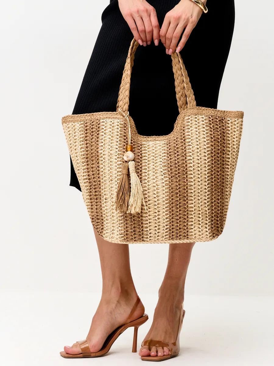 Mairo Lifestyle Straw Wicker Handmade Boho Summer Beach Tote Bag (Boat Brown Stripe)