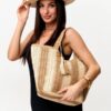 Mairo Lifestyle Straw Wicker Handmade Boho Summer Beach Tote Bag (Boat Brown Stripe)