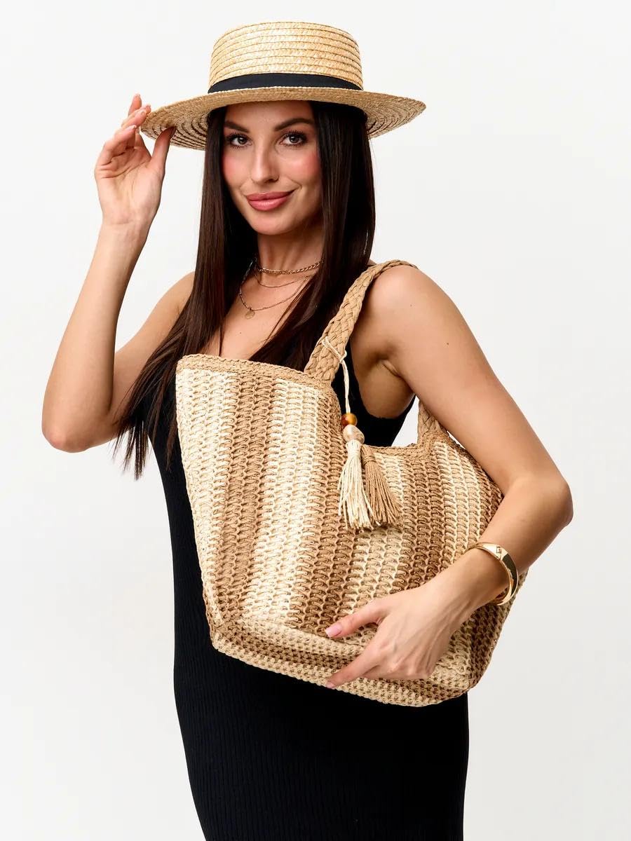 Mairo Lifestyle Straw Wicker Handmade Boho Summer Beach Tote Bag (Boat Brown Stripe)