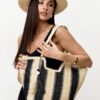 Mairo Lifestyle Straw Wicker Handmade Boho Summer Beach Tote Bag (Boat Black Stripe)