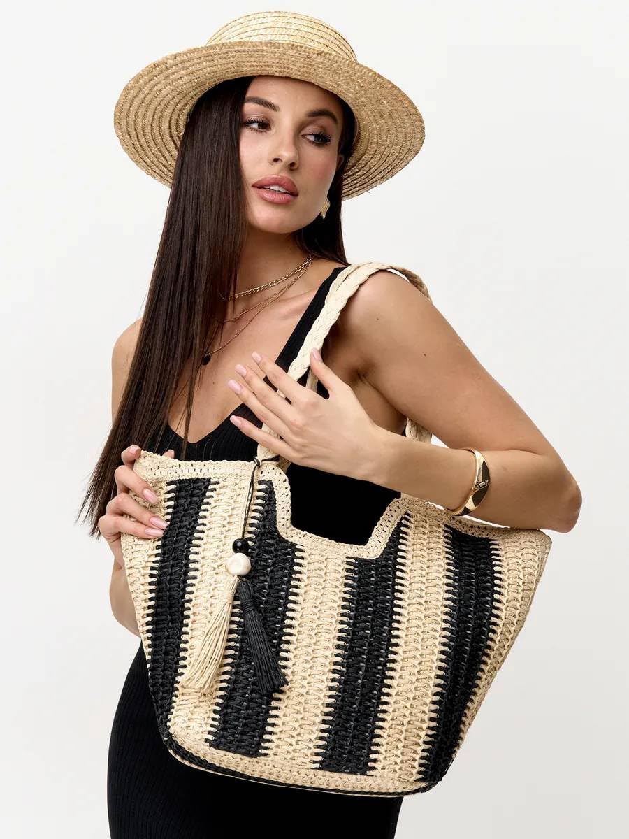 Mairo Lifestyle Straw Wicker Handmade Boho Summer Beach Tote Bag (Boat Black Stripe)