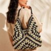 Mairo Lifestyle Straw Wicker Handmade Boho Summer Beach Aztec Tote Bag (Black)
