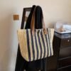 Mairo Lifestyle Straw Wicker Handmade Boho Summer Beach Tote Bag (Blue Stripe)
