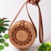 Mairo Lifestyle Rattan Cane Straw Wicker Handmade Boho Summer Beach Round Brown Sling Bag (Brown Curls)
