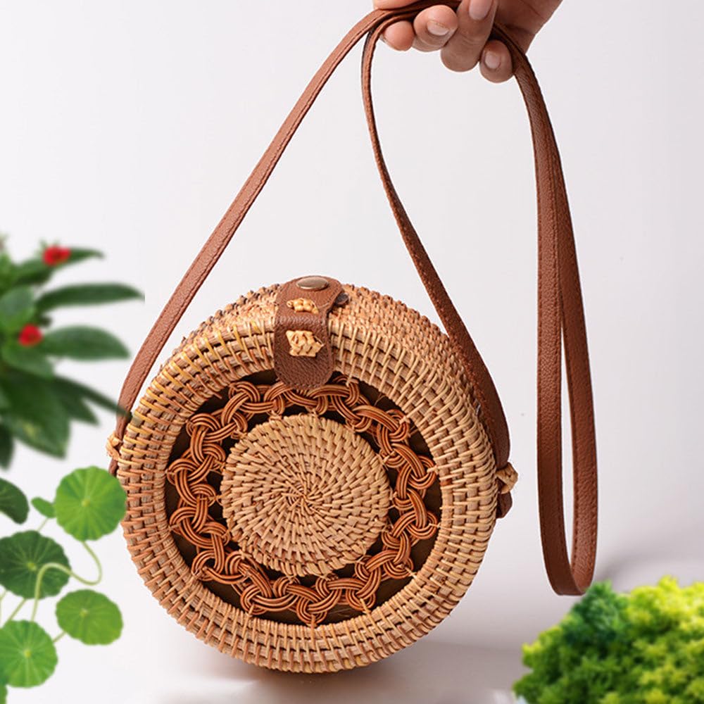 Mairo Lifestyle Rattan Cane Straw Wicker Handmade Boho Summer Beach Round Brown Sling Bag (Brown Curls)