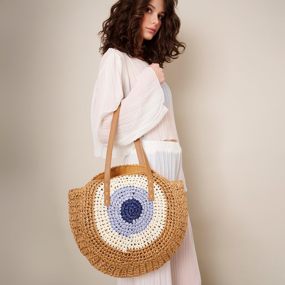 61OczT-b2jL.jpg Mairo Lifestyle Straw Wicker Handmade Boho Summer Beach Round Shoulder Bag (Evil Eye - Brown)