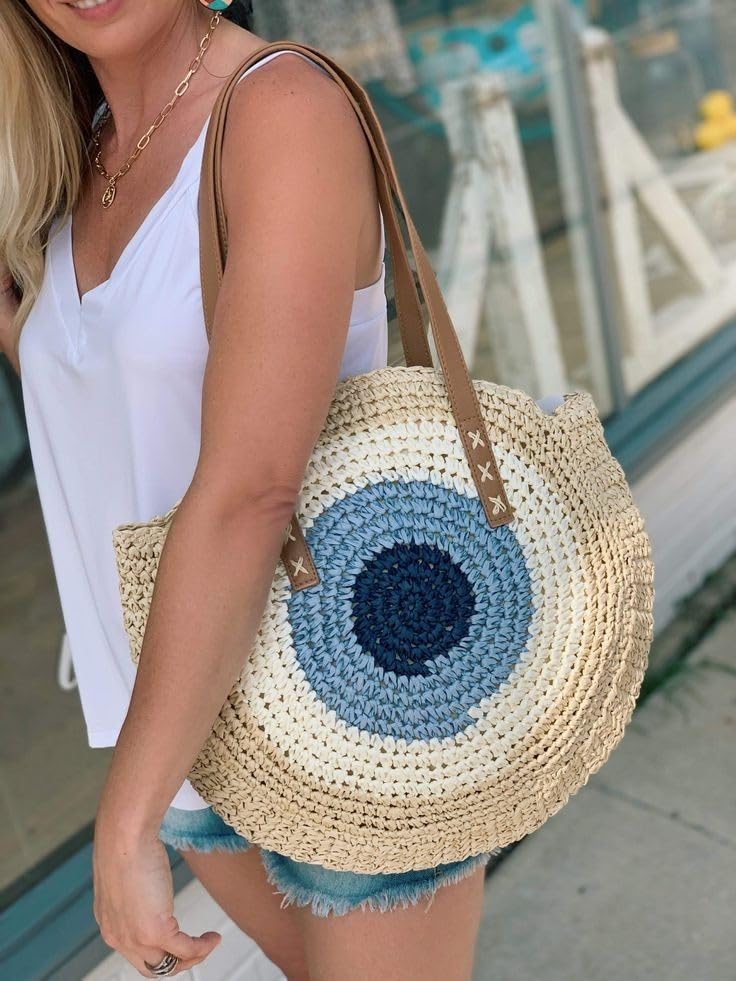 61Q2KuMoL.jpg Mairo Lifestyle Straw Wicker Handmade Boho Summer Beach Round Shoulder Bag (Evil Eye- Beige)