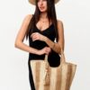 Mairo Lifestyle Straw Wicker Handmade Boho Summer Beach Tote Bag (Boat Brown Stripe)