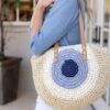 61SNfiUsgeL.jpg Mairo Lifestyle Straw Wicker Handmade Boho Summer Beach Round Shoulder Bag (Evil Eye- Beige)
