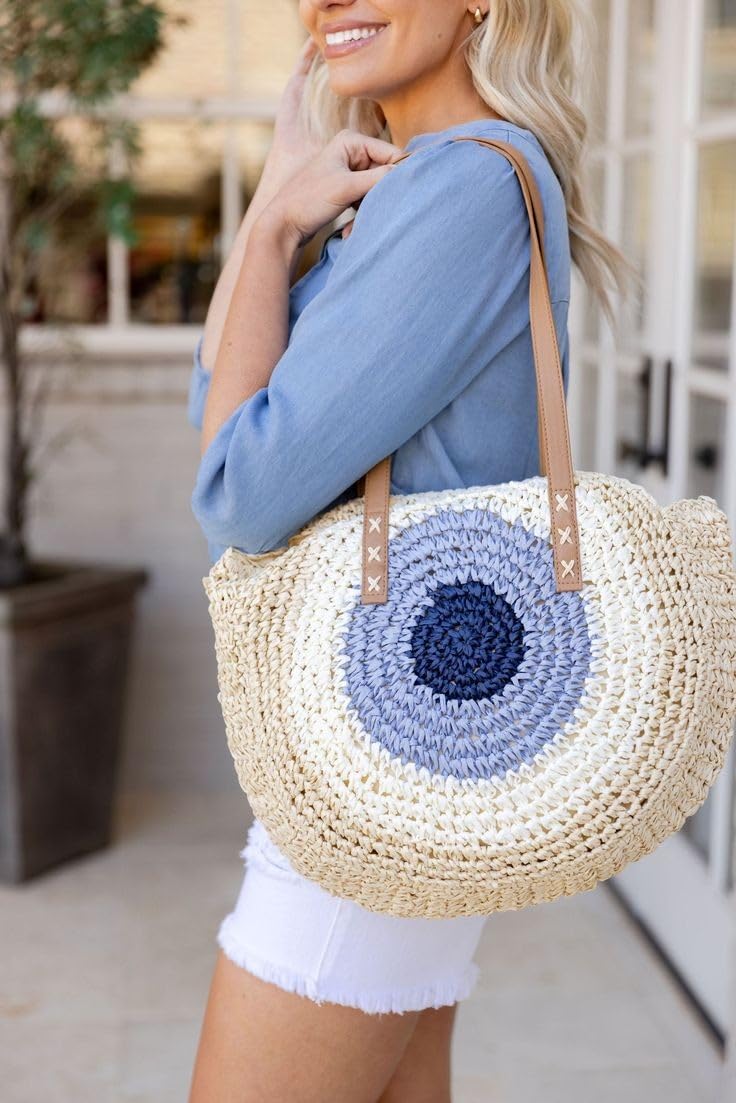 61SNfiUsgeL.jpg Mairo Lifestyle Straw Wicker Handmade Boho Summer Beach Round Shoulder Bag (Evil Eye- Beige)