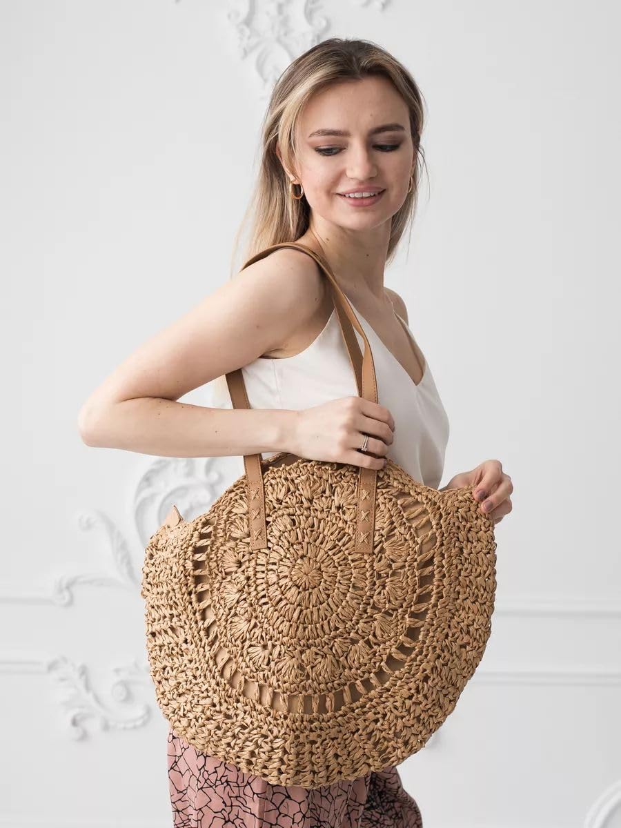 61T7i4UWsfL.jpg Mairo Lifestyle Straw Wicker Handmade Boho Summer Beach Round Shoulder Bag (Brown - Flower)