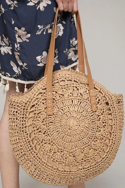61WEE3wVqEL.jpg Mairo Lifestyle Straw Wicker Handmade Boho Summer Beach Round Shoulder Bag (Brown - Flower)