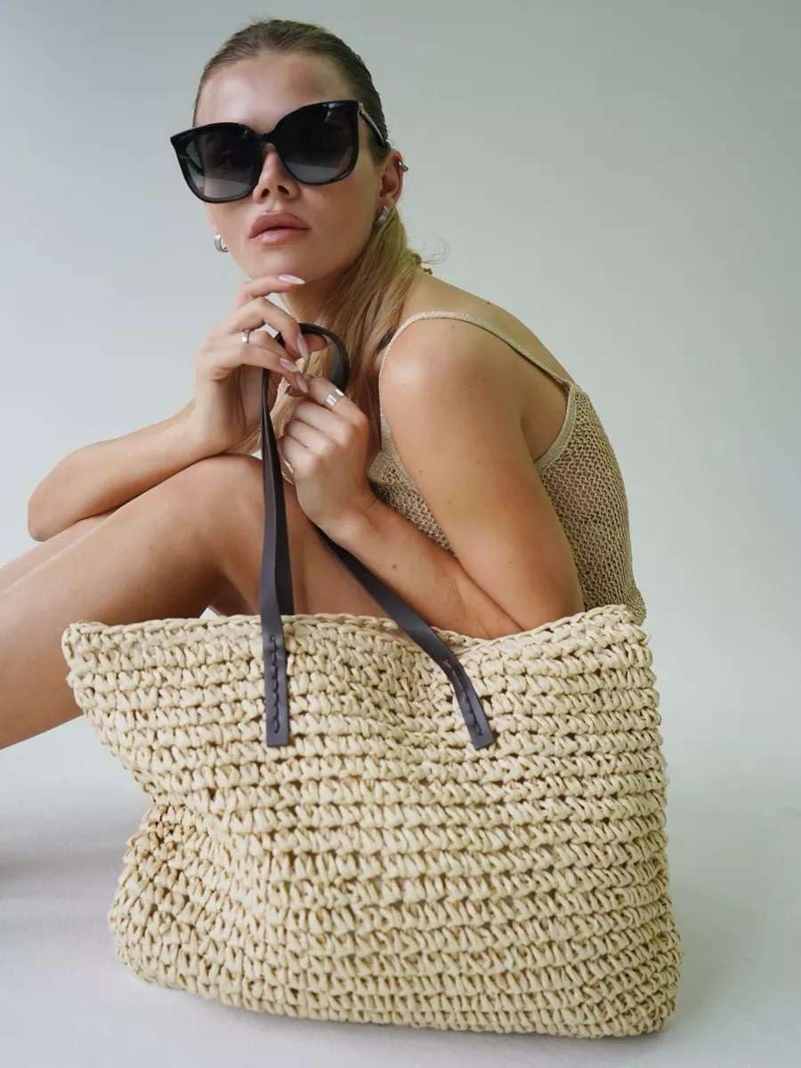 61XE164rvL.jpg Mairo Lifestyle Straw Wicker Handmade Boho Summer Beach Tote Bag (Beige Square)