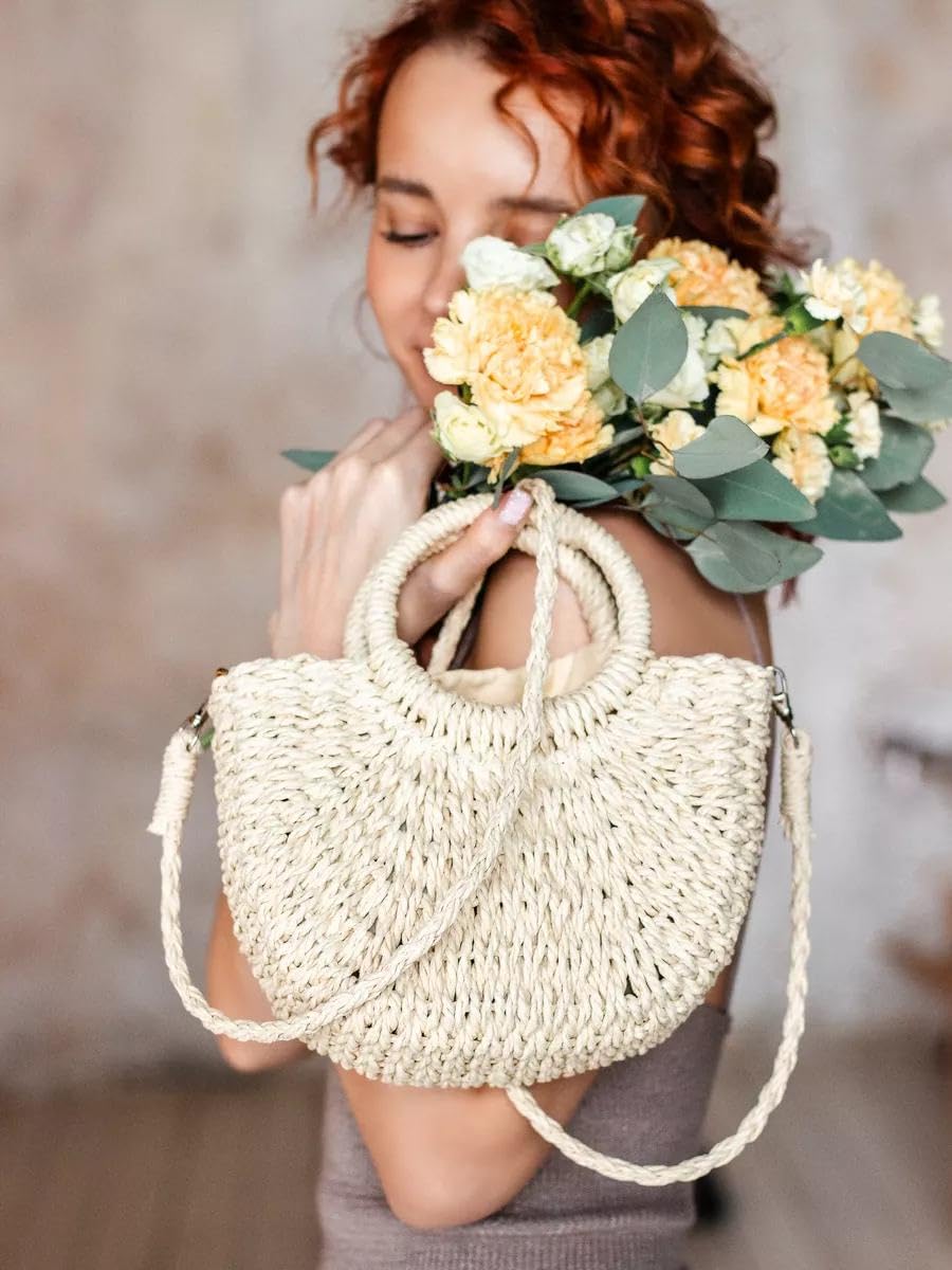 Mairo Lifestyle Straw Wicker Handmade Boho Summer Beach Tote Moon Bag (Beige Small)