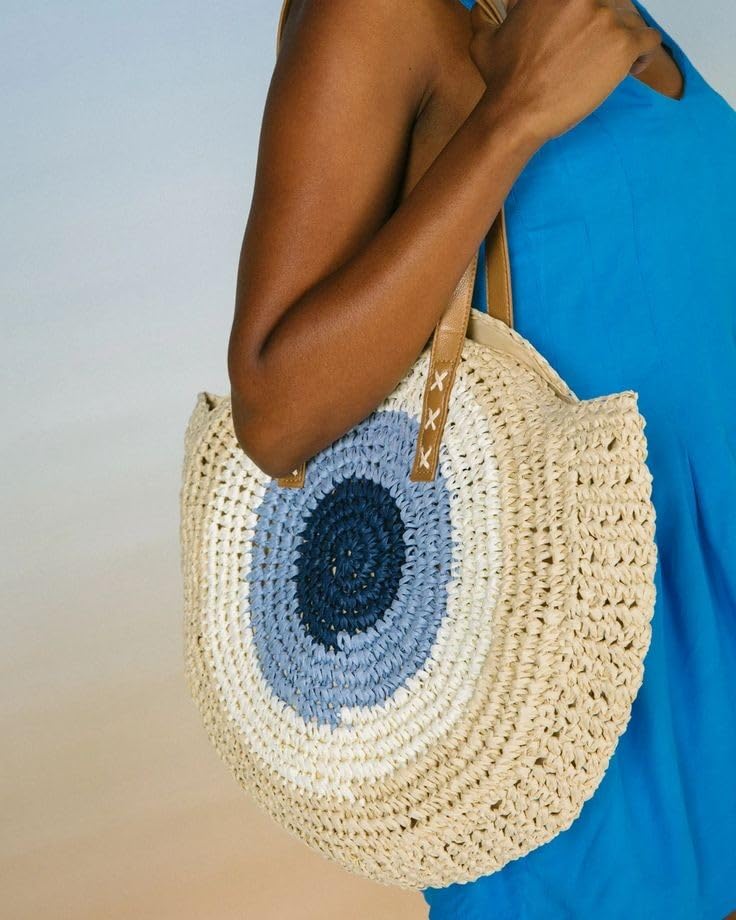 61aiIkaP2L.jpg Mairo Lifestyle Straw Wicker Handmade Boho Summer Beach Round Shoulder Bag (Evil Eye- Beige)