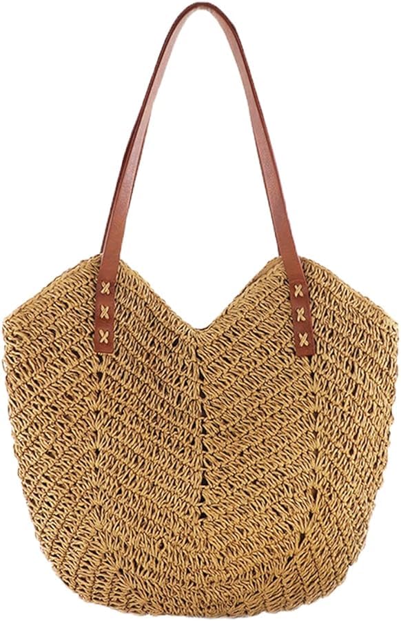 Mairo Lifestyle Straw Wicker Handmade Boho Summer Beach Braided Shoulder Bag (Light Brown)