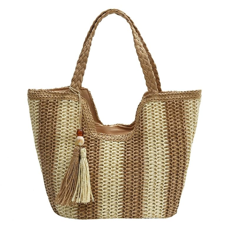 Mairo Lifestyle Straw Wicker Handmade Boho Summer Beach Tote Bag (Boat Brown Stripe)