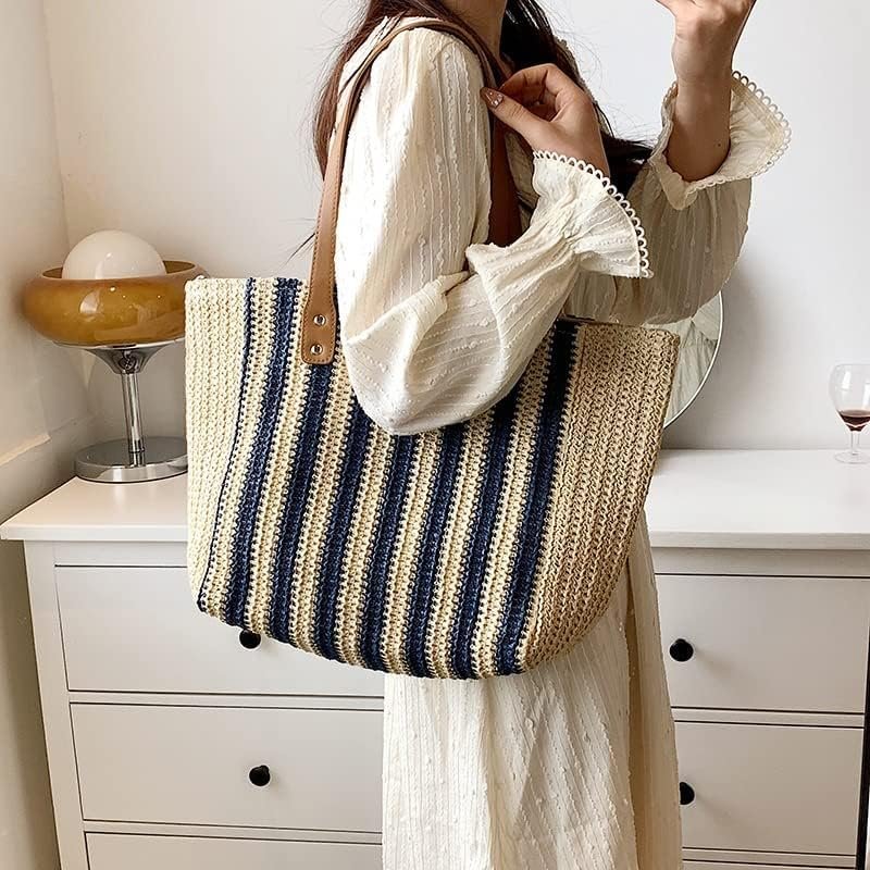 Mairo Lifestyle Straw Wicker Handmade Boho Summer Beach Tote Bag (Blue Stripe)