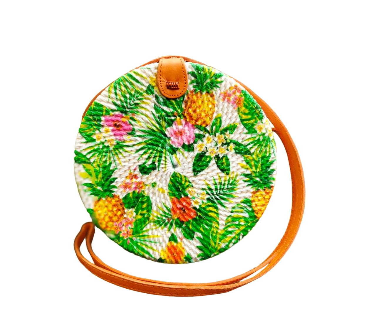 Mairo Lifestyle Rattan Cane Straw Wicker Handmade Boho Summer Beach Round Sling Bag (Pineapple Forest)