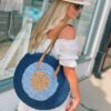 Mairo Lifestyle Straw Wicker Handmade Boho Summer Beach Round Shoulder Bag (Evil Eye - Blue)