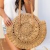 61p89H8uljL.jpg Mairo Lifestyle Straw Wicker Handmade Boho Summer Beach Round Shoulder Bag (Brown - Flower)