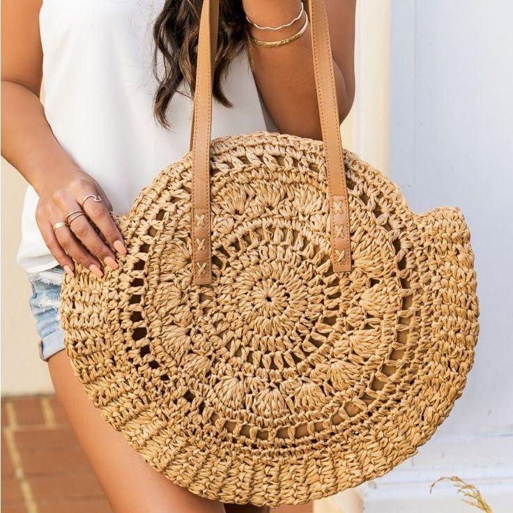 61p89H8uljL.jpg Mairo Lifestyle Straw Wicker Handmade Boho Summer Beach Round Shoulder Bag (Brown - Flower)