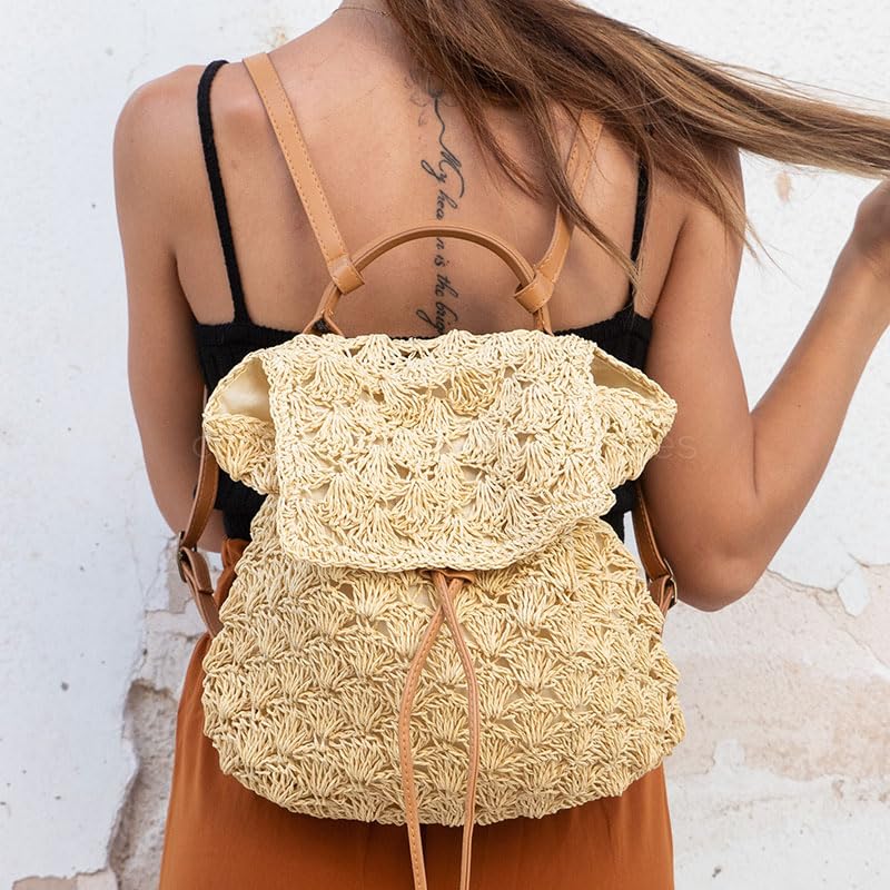 Mairo Lifestyle Straw Wicker Handmade Boho Summer Beach Backpack Bag (Beige)