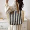 Mairo Lifestyle Straw Wicker Handmade Boho Summer Beach Tote Bag (Blue Stripe)