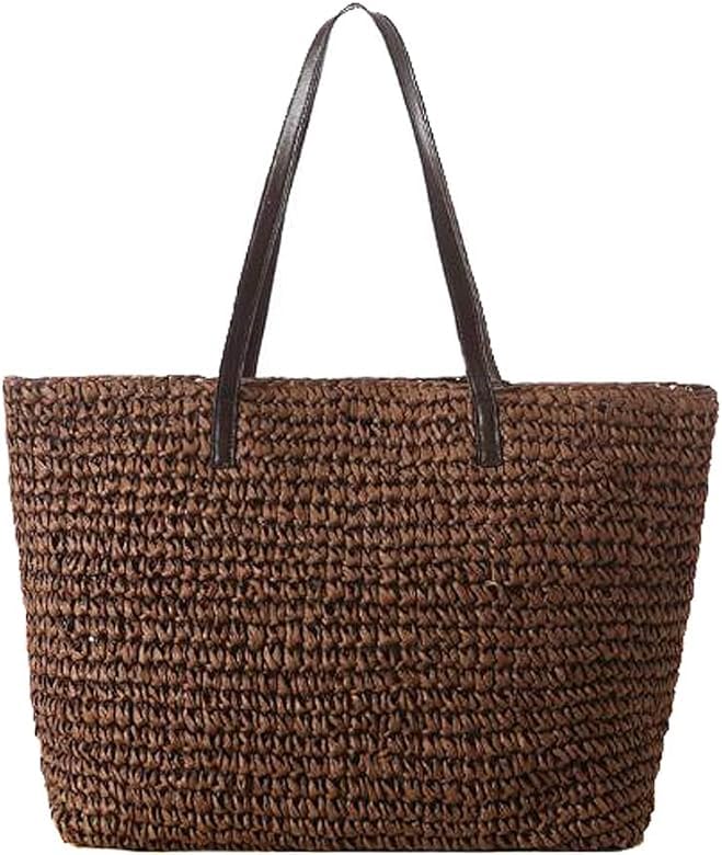 Mairo Lifestyle Straw Wicker Handmade Boho Summer Beach Tote Bag (Dark Brown Square)