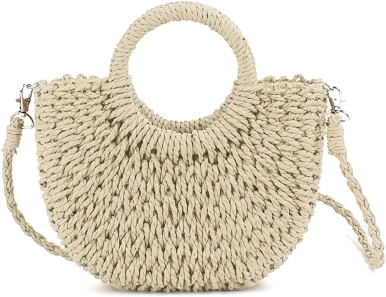 Mairo Lifestyle Straw Wicker Handmade Boho Summer Beach Tote Moon Bag (Beige Small)
