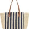 Mairo Lifestyle Straw Wicker Handmade Boho Summer Beach Tote Bag (Blue Stripe)