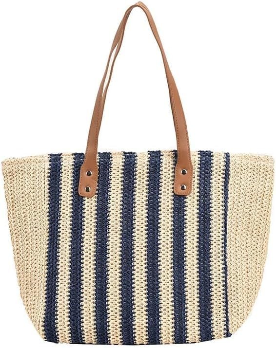 Mairo Lifestyle Straw Wicker Handmade Boho Summer Beach Tote Bag (Blue Stripe)
