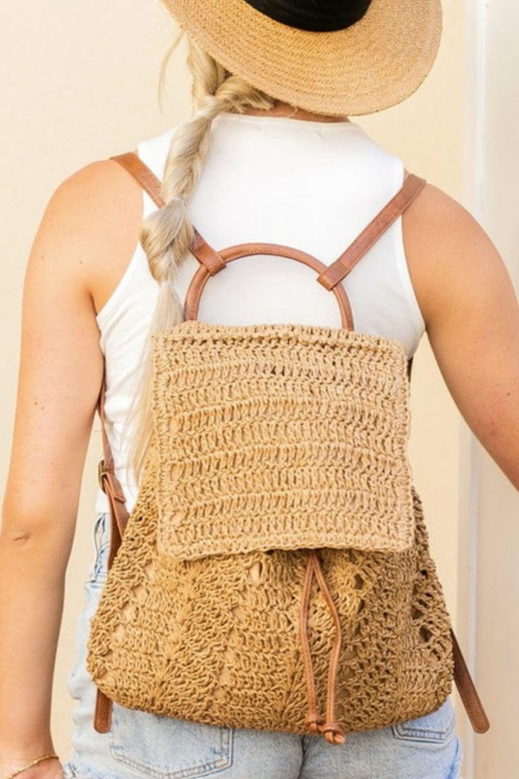 Mairo Lifestyle Straw Wicker Handmade Boho Summer Beach Backpack Bag (Light Brown)