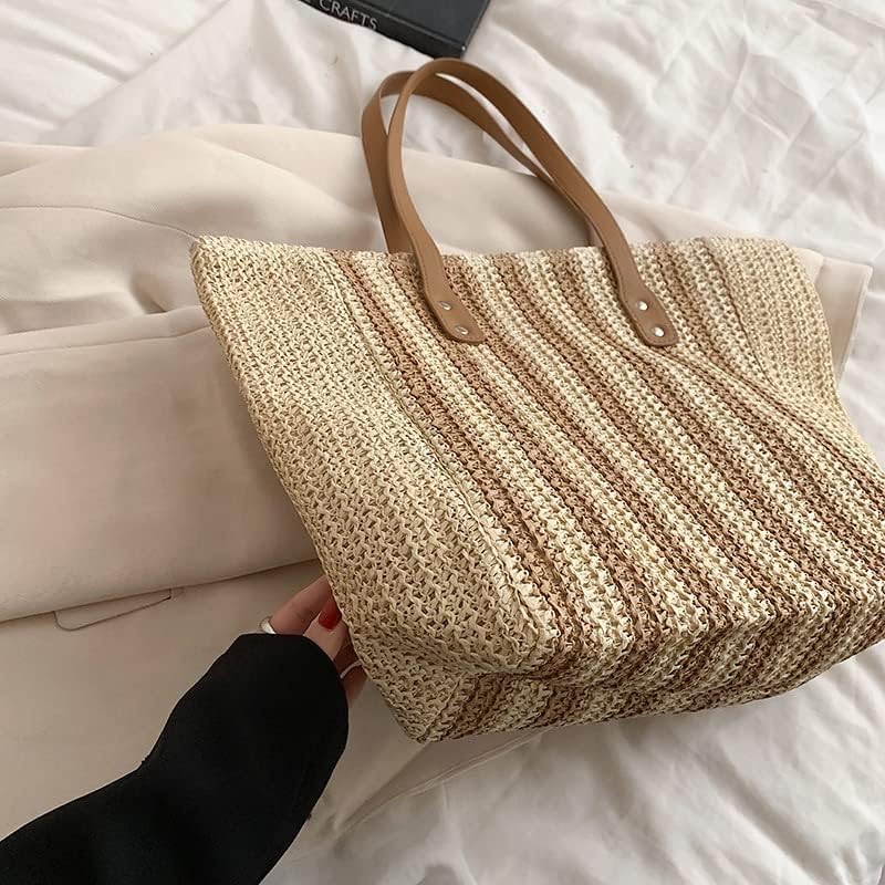 61vbxH8xQsL.jpg Mairo Lifestyle Straw Wicker Handmade Boho Summer Beach Tote Bag (Brown Stripe)