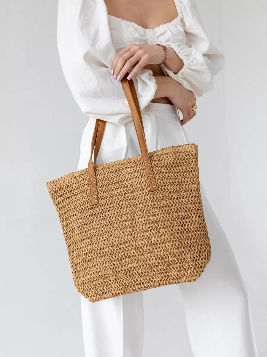 Mairo Lifestyle Straw Wicker Handmade Boho Summer Beach Tote Bag (Brown Rectangle)