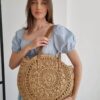 61yW45Dht0L.jpg Mairo Lifestyle Straw Wicker Handmade Boho Summer Beach Round Shoulder Bag (Brown - Flower)