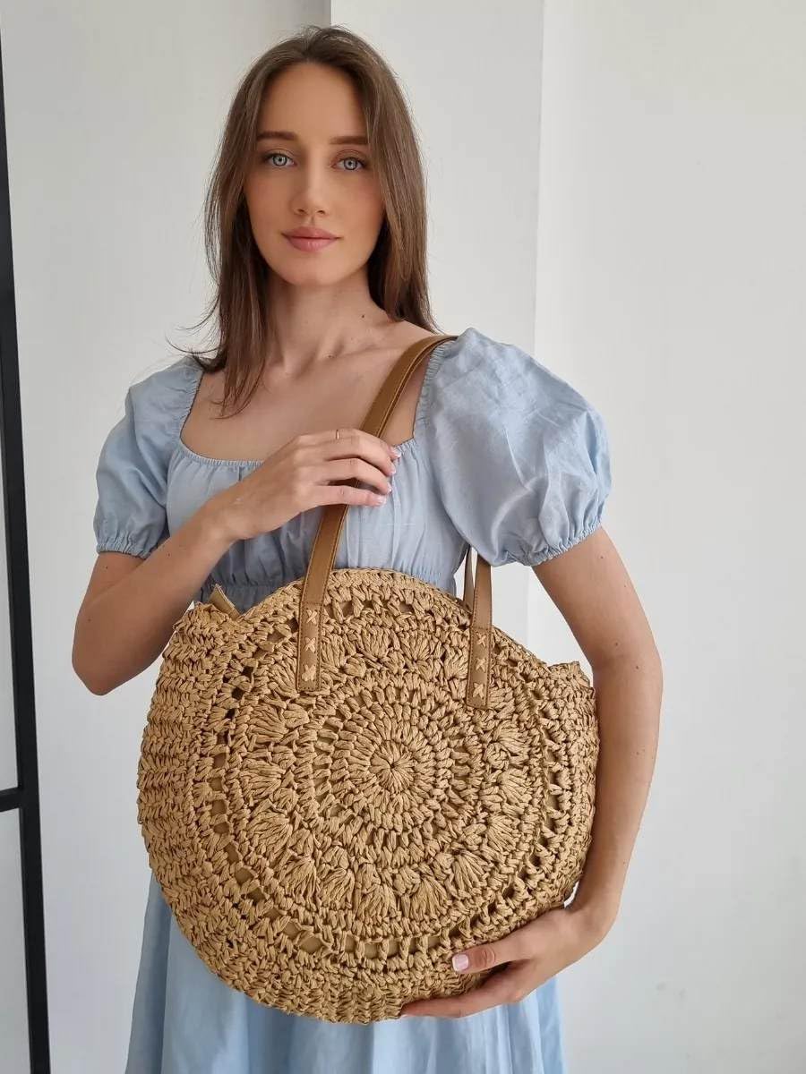 61yW45Dht0L.jpg Mairo Lifestyle Straw Wicker Handmade Boho Summer Beach Round Shoulder Bag (Brown - Flower)