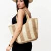 Mairo Lifestyle Straw Wicker Handmade Boho Summer Beach Tote Bag (Boat Brown Stripe)